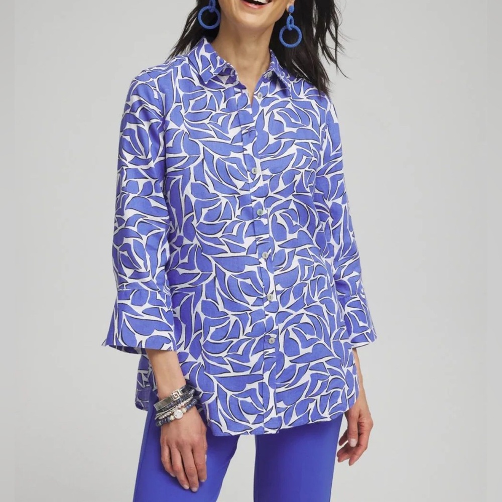 Chico’s 2 Linen Top No Iron Abstract Print Button Shirt 3/4 Sleeves Women’s 12